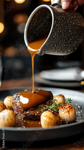 Gourmet steak served with rich sauce and roasted vegetables in upscale dining setting