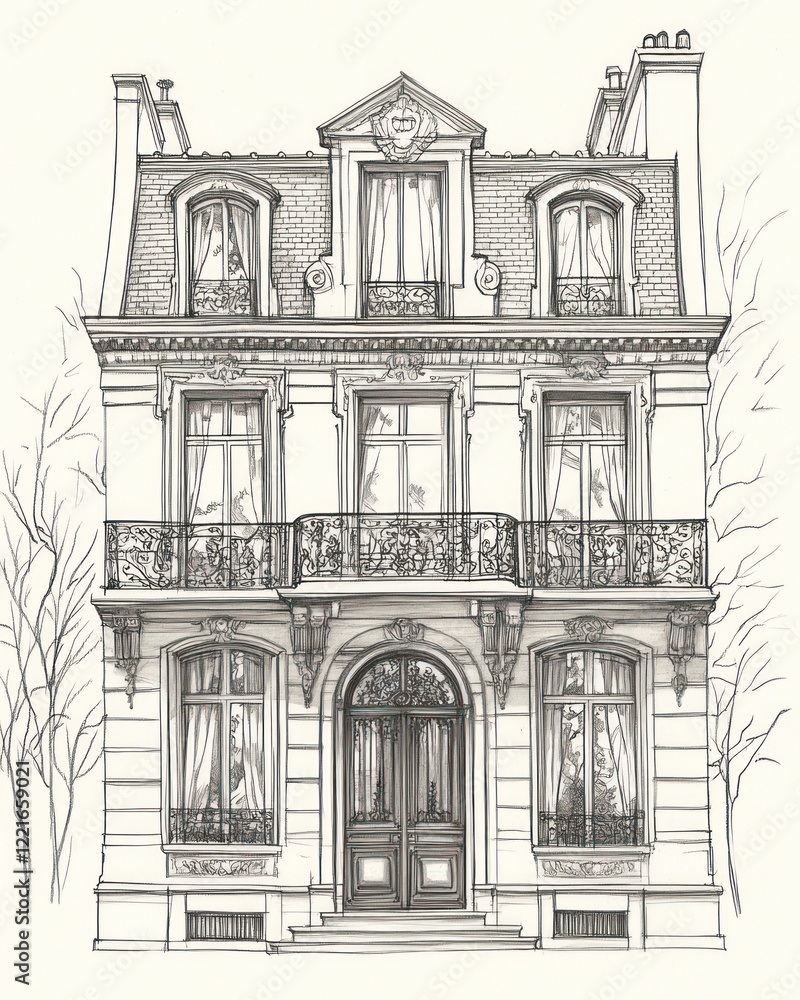 Obraz premium Elegant Parisian Townhouse Architectural Drawing