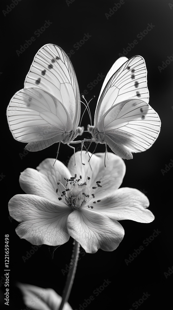 Fototapeta premium A black and white photograph of butterflies kissing inside a wild rose flower.