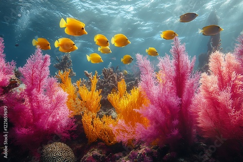 Vibrant Yellow Fish Swim Among Pink and Gold Coral photo