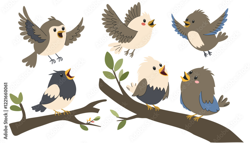 Naklejka premium A set of flat vector illustrations in children's style. Cute birds sitting and flying 