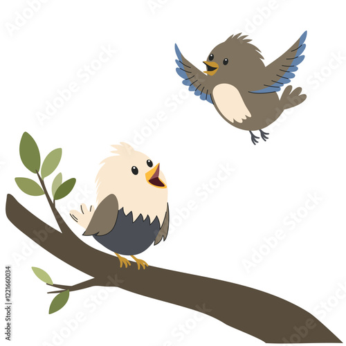 Cute flat vector illustration on white background. Two cute birds sitting on a branch