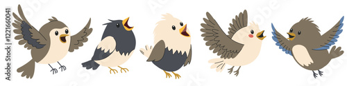A set of flat vector illustrations in children's style. Cute birds sitting and flying 