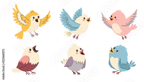 Set of cute birds. A set of flat vector illustrations in children's style. Cute birds sitting and flying 