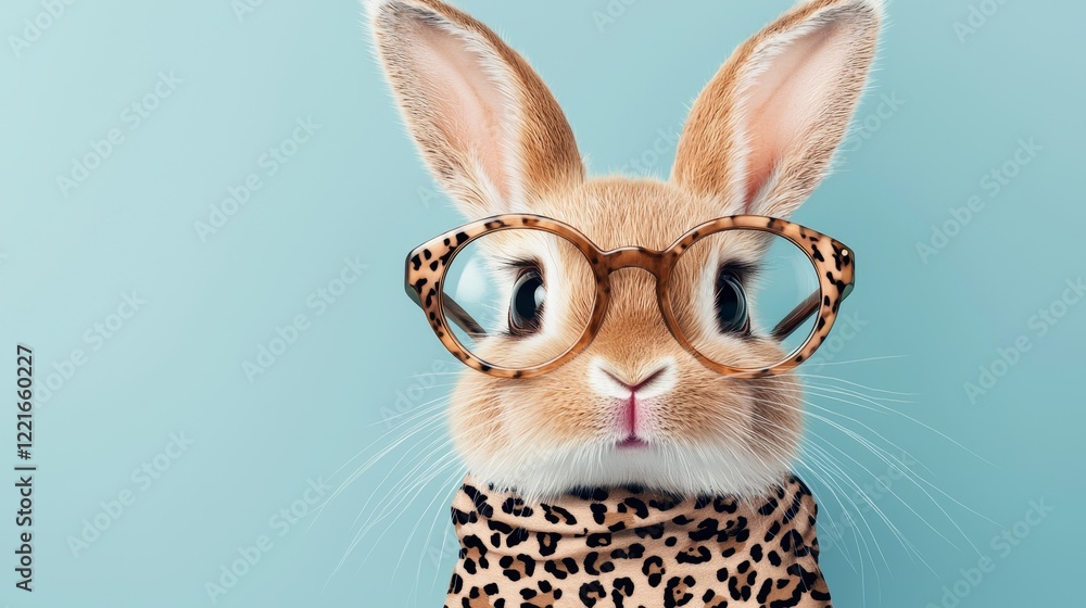 Close-up illustration of an adorable bunny wearing a stylish leopard-print bandana and oversized round glasses, exuding charm and playfulness Close-up illustration of an adorable bunny wearing a stylish leopard-print bandana and oversized round glasses, exuding charm and playfulness