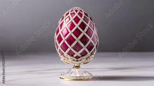 Luxurious ruby red faberge egg with diamond lattice on marble surface