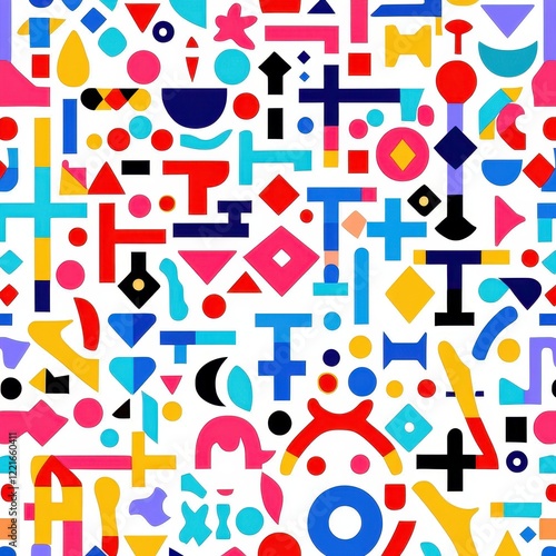 Colorful geometric abstract pattern with vibrant shapes on a white background featuring circles, squares, triangles, and other creative forms