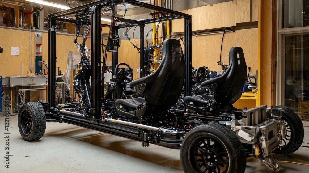 Fototapeta premium A side view of robotic arms working on installing car seats into a vehicle frame.