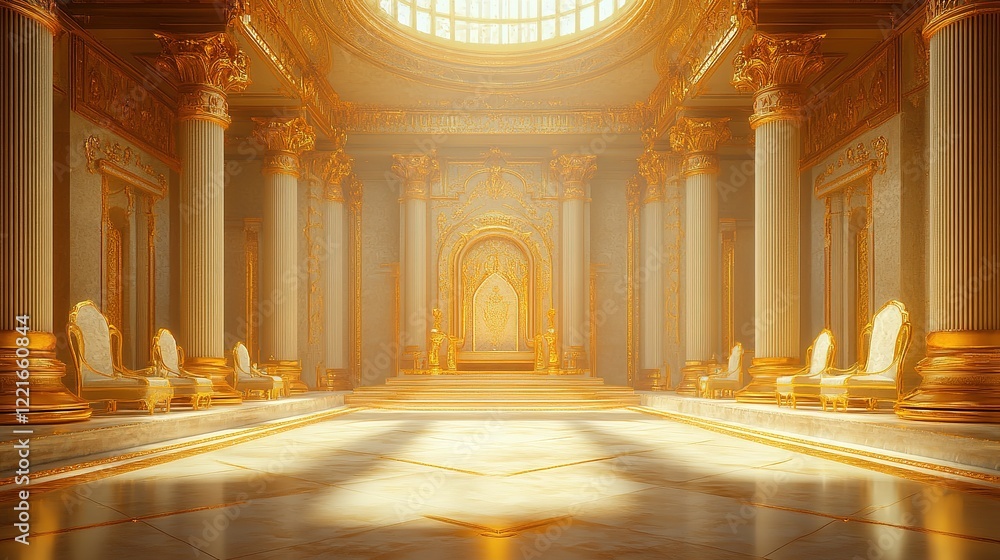 Obraz premium Majestic golden throne room luxurious palace interior design opulent environment wide-angle viewpoint royal concept
