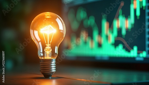 Innovative eco-friendly energy concept. Light bulb glowing brightly eco-friendly energy solutions. Data chart shows cost reduction, sustainability efforts. Modern, futuristic approach to