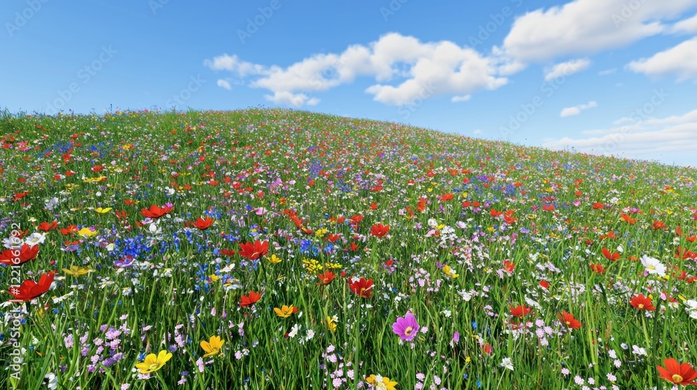 Colorful wildflowers blooming on a hill under a blue sky with fluffy clouds; idyllic summer meadow scene for spring/summer designs Colorful wildflowers blooming on a hill under a blue sky with fluffy clouds; idyllic summer meadow scene for spring/summer designs