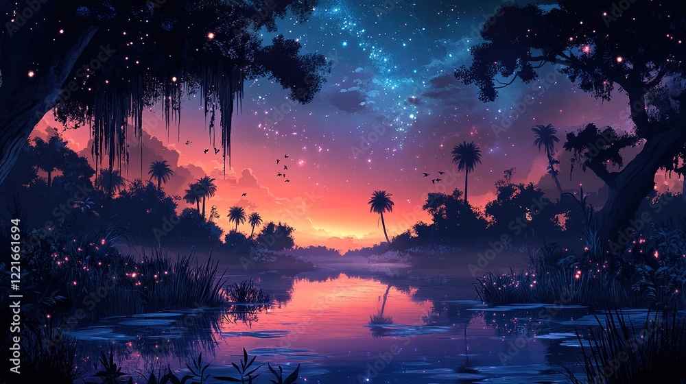 Naklejka premium Twilight serenity over tranquil lake nature scene exotic environment starry night viewpoint