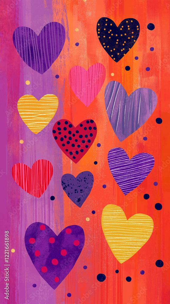 Colorful vertical hearts with dots and stripes