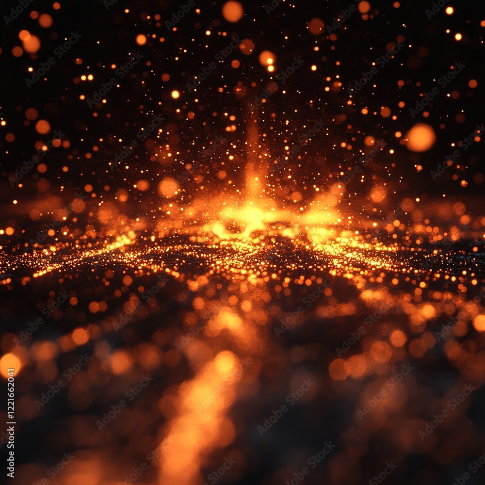 Fototapeta premium Erupting sparks and glowing particles abstract art digital creation dark background close-up view energy and motion