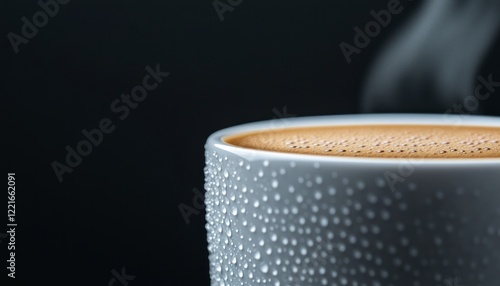 Warm steam curls from the surface of rich coffee in a textured gray mug photo