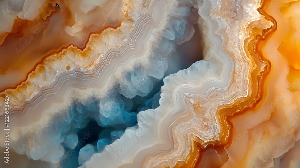 Agate Geode Cross-Section: Orange, White, and Blue Banded Layers Agate Geode Cross-Section: Orange, White, and Blue Banded Layers