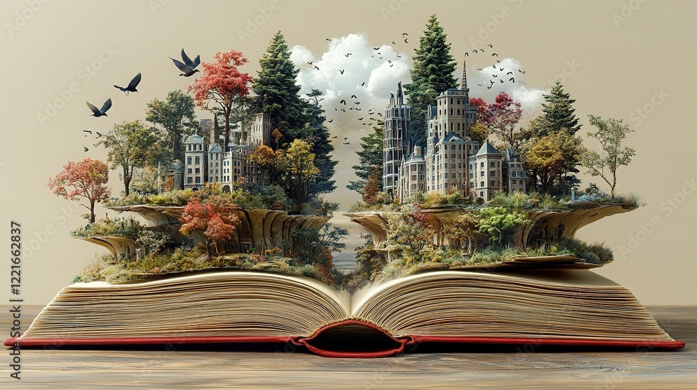 Fototapeta premium Imaginary cityscapes emerging from an open book whimsical landscape digital art indoor creative concept