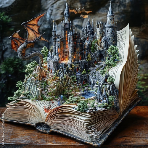 Fantasy castle emerges from book enchanted forest 3d art whimsical environment close-up view imagination and creativity photo