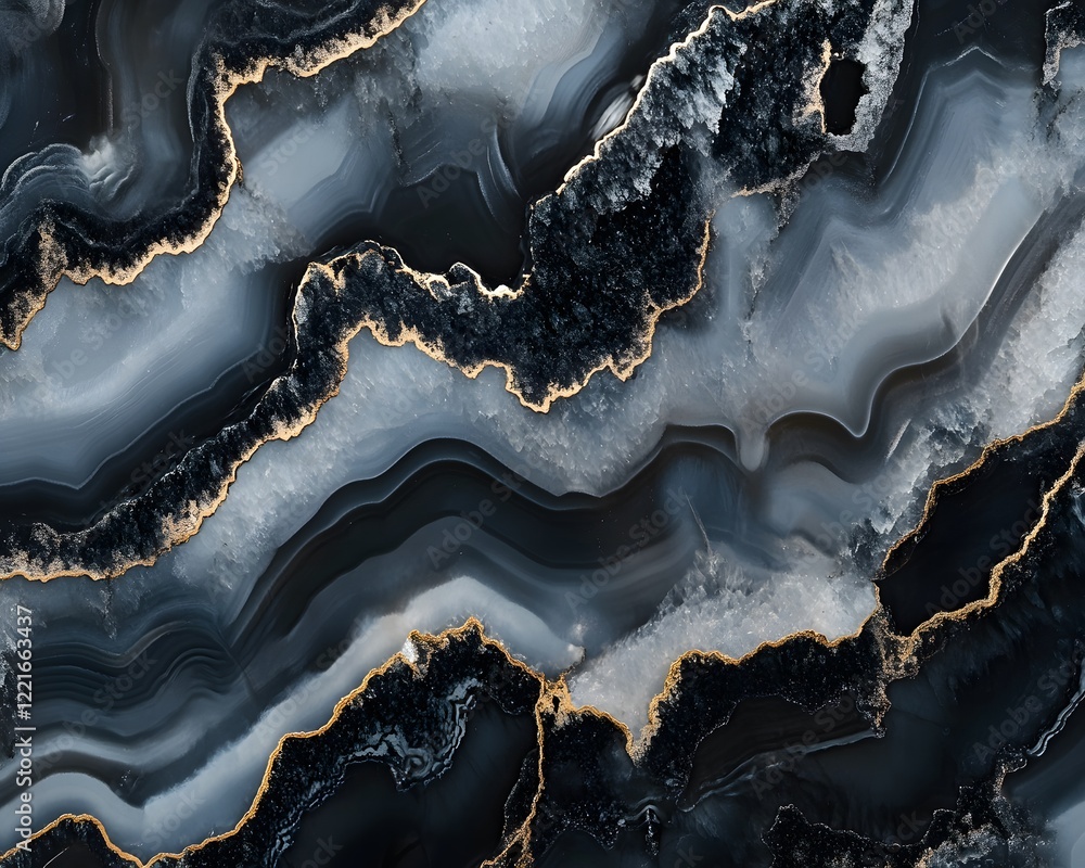 Obraz premium Agate Stone: Black, Grey, and Gold Swirl Pattern