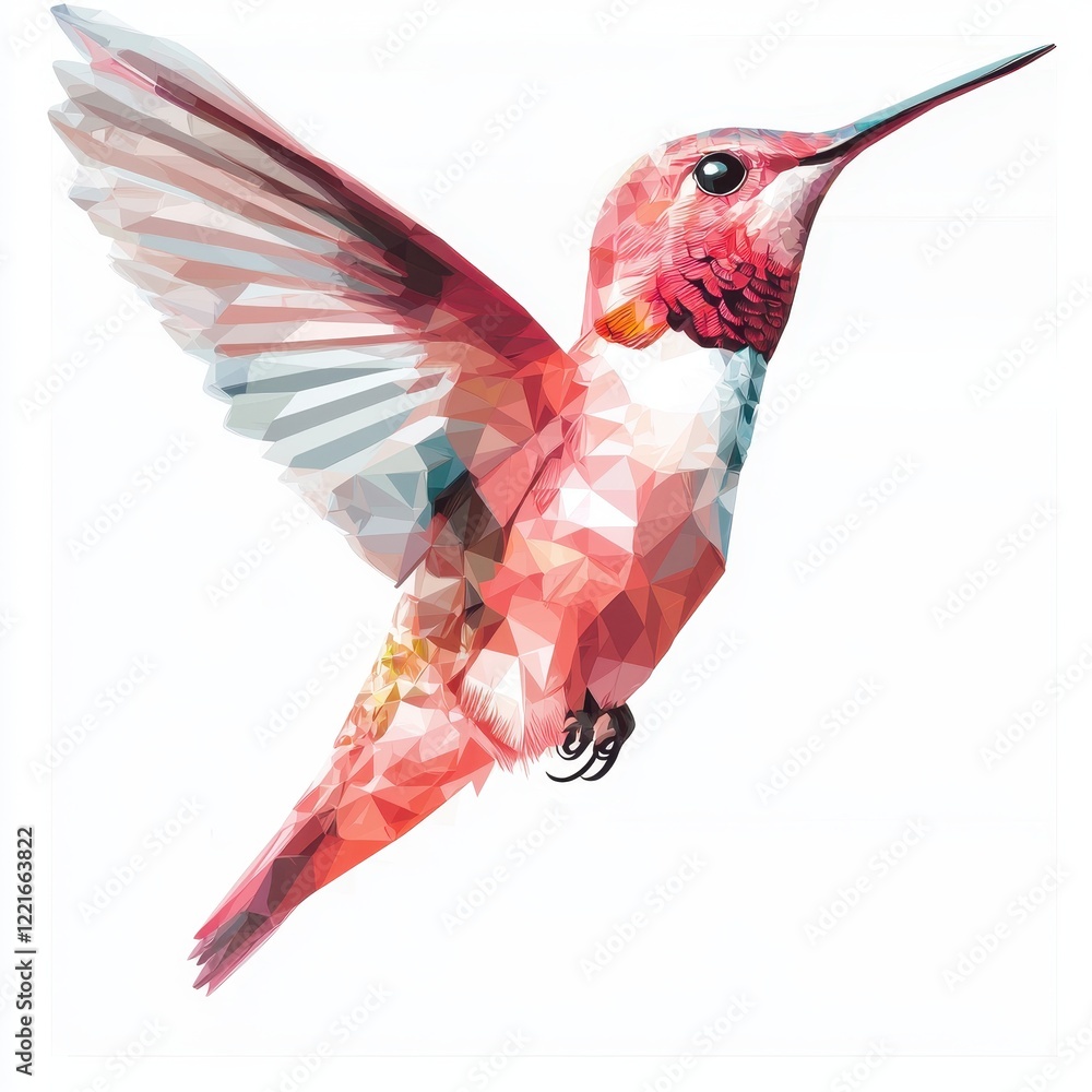 Obraz premium Vibrant polygonal hummingbird illustration with geometric design and gradient colors on a white background
