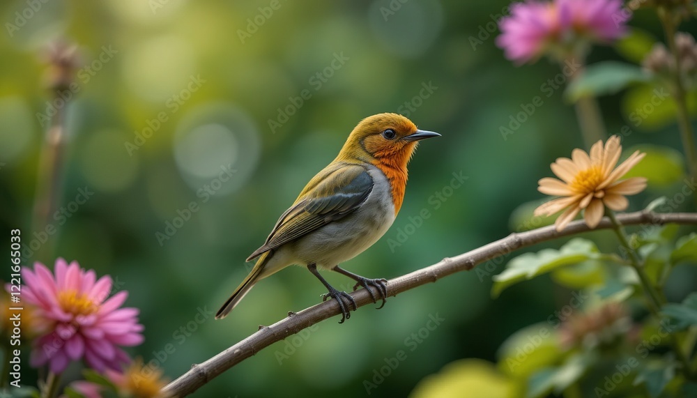 Robin Perched on a Branch: A vibrantly colored robin with a bright orange breast perches gracefully on a thin branch, surrounded by delicate pink and yellow flowers in a soft-focus background. Robin Perched on a Branch: A vibrantly colored robin with a bright orange breast perches gracefully on a thin branch, surrounded by delicate pink and yellow flowers in a soft-focus background.