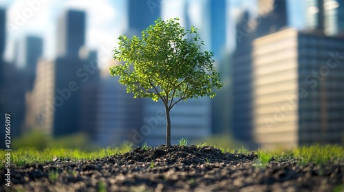 Urban tree planting with city buildings in the background