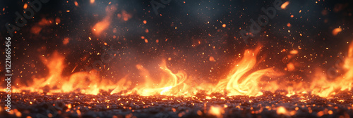 A cinematic row of realistic fire, vibrant and intense flames dancing with motion, glowing embers. photo