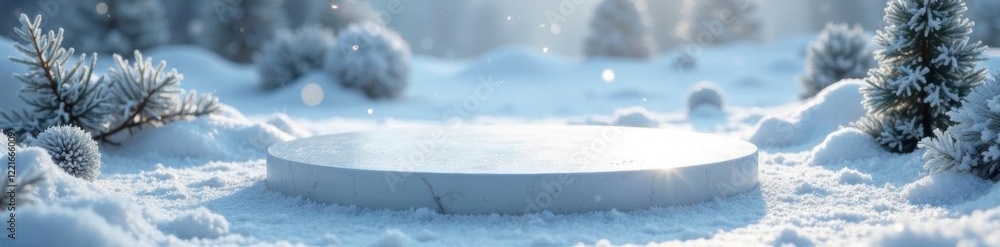 Icy frost surrounds the white marble podium with glittering silver decorations, winter wonderland, decoration, sparkling Icy frost surrounds the white marble podium with glittering silver decorations, winter wonderland, decoration, sparkling