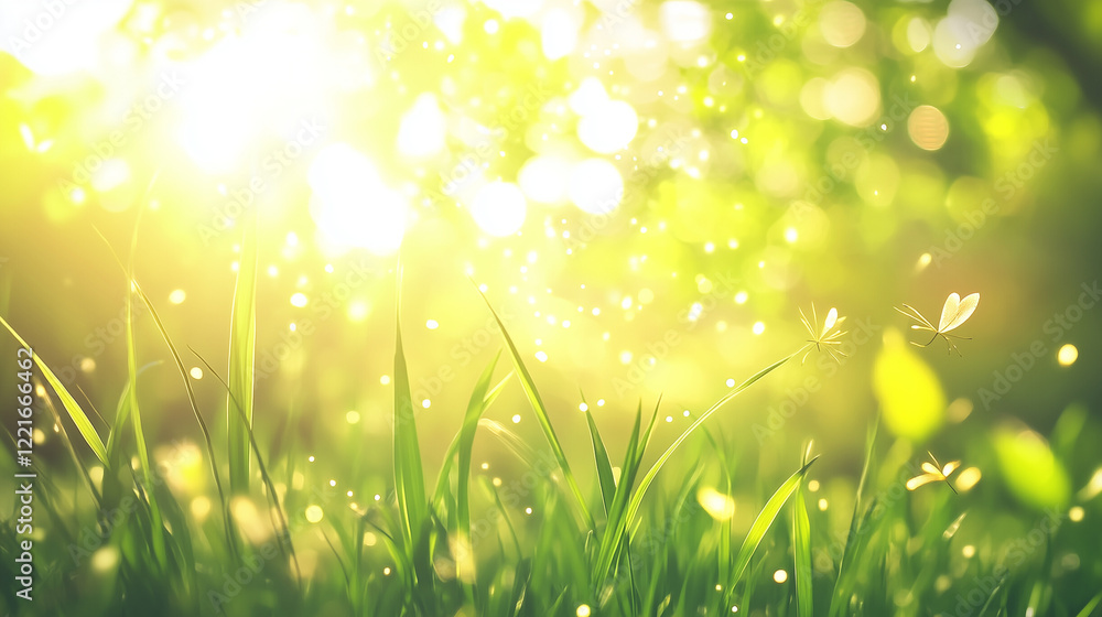 Obraz premium A sunlit meadow with vibrant green grass, warm golden sunlight streaming through.