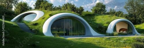 Futuristic eco homes with grass roofs integrated into natural landscape
 photo