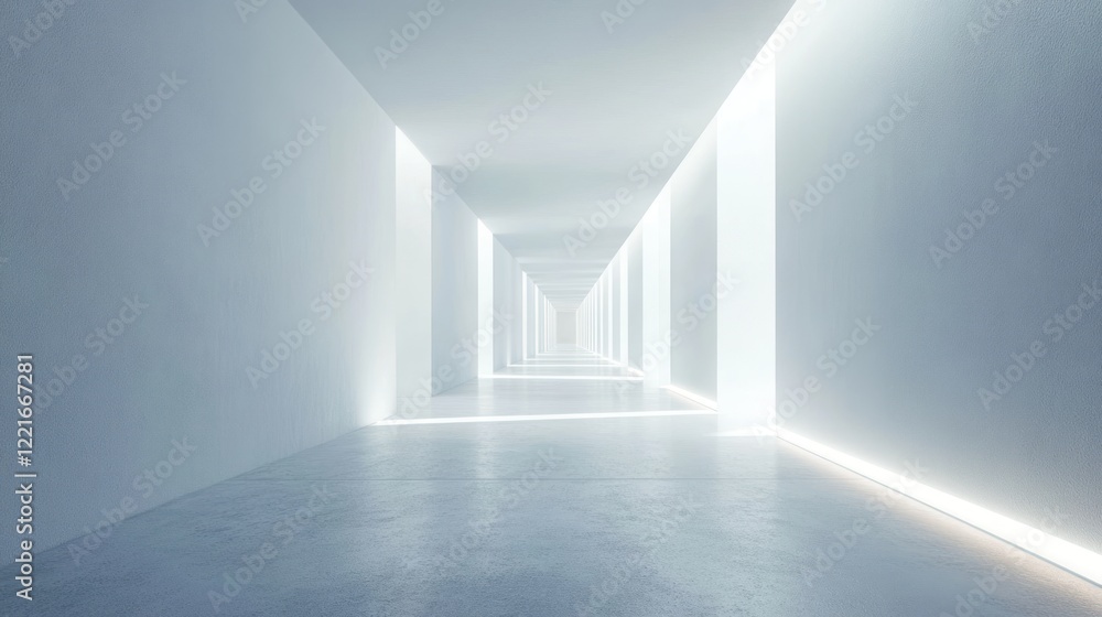 Endless white corridor with rhythmic light pattern leading to a bright spot Endless white corridor with rhythmic light pattern leading to a bright spot