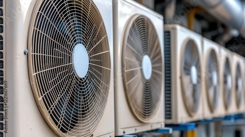 A row of outdoor air conditioning units installed on a building.