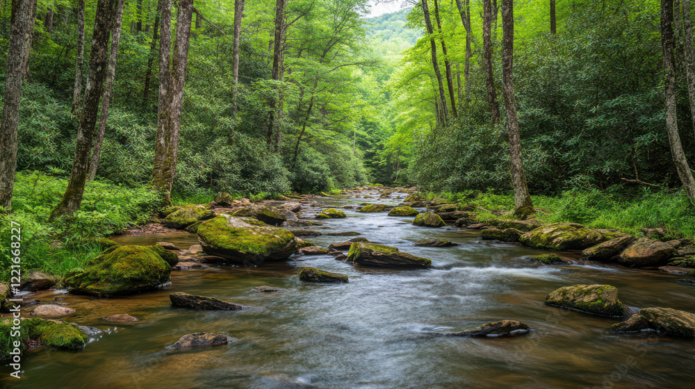 A peaceful woodland creek bordered by mossy rocks, surrounded by towering evergreen trees, soft light filtering through the dense canopy A peaceful woodland creek bordered by mossy rocks, surrounded by towering evergreen trees, soft light filtering through the dense canopy