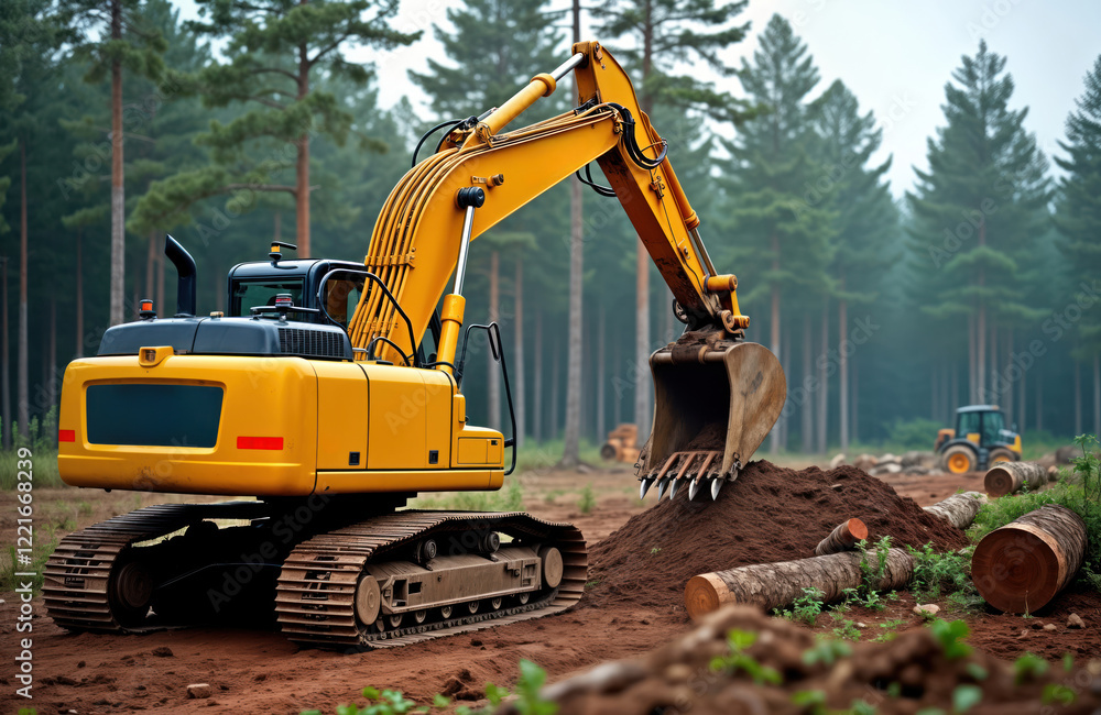 Yellow excavator working in forest clearing. Heavy machinery moves earth. Logs visible on ground. New development occurring. Forestry work involves clearing, preparing land. Industrial construction Yellow excavator working in forest clearing. Heavy machinery moves earth. Logs visible on ground. New development occurring. Forestry work involves clearing, preparing land. Industrial construction