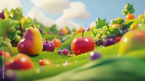 Colorful fruits rolling hills sunny day playful illustration food advertisement