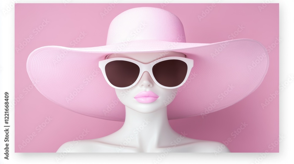 Chic pink glamour: stylish woman with oversized hat and sunglasses Chic pink glamour: stylish woman with oversized hat and sunglasses