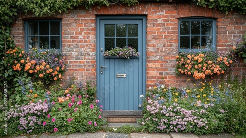 Charming Cottage Door Adorned with Blooming Flowers