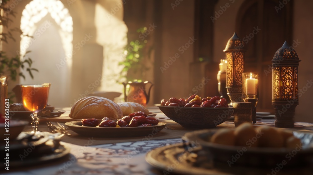 Fototapeta premium Sunlit Arabian feast, dates, bread, candles, archway, interior, food photography
