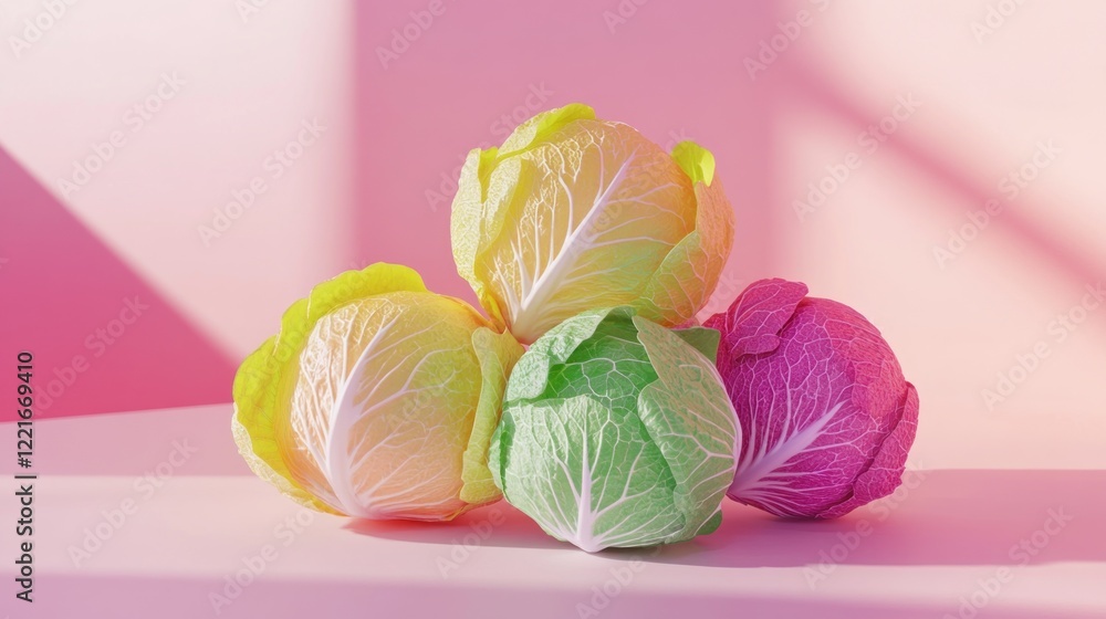 Colorful cabbages studio shot, pink backdrop, healthy food, vibrant Colorful cabbages studio shot, pink backdrop, healthy food, vibrant