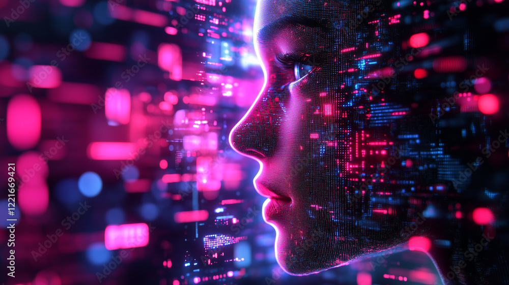 Glowing Abstract Female Face Composed of Data and Code Glowing Abstract Female Face Composed of Data and Code