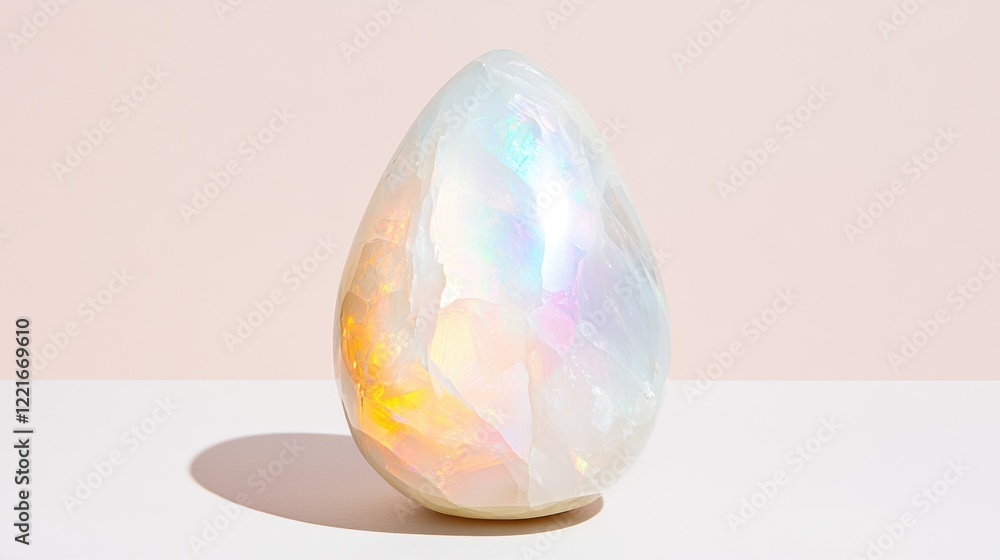 Iridescent crystal egg with pastel glow in soft minimalist setting Iridescent crystal egg with pastel glow in soft minimalist setting