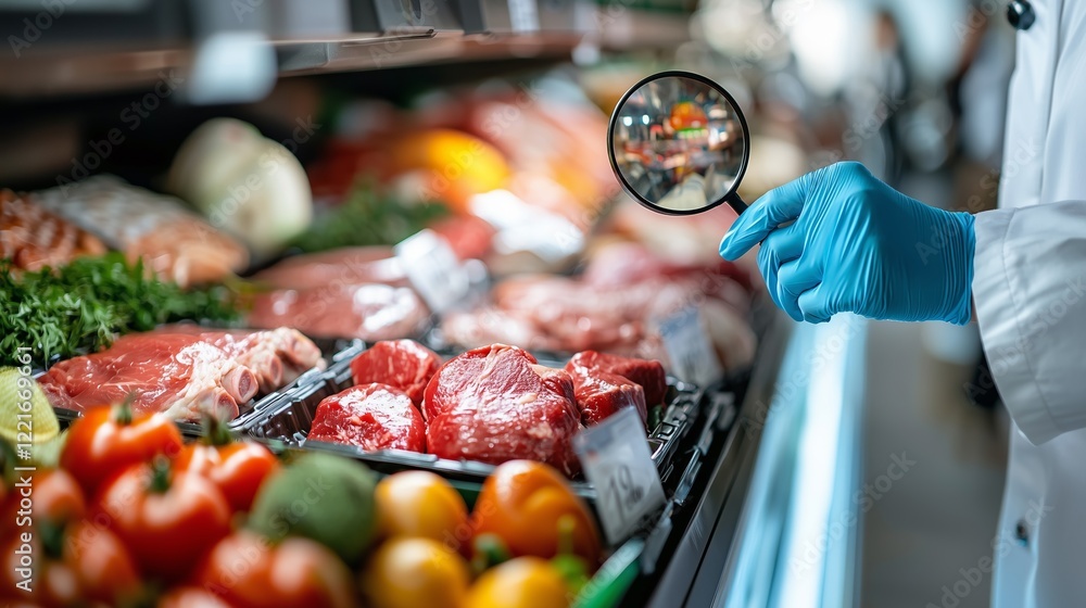 A food safety inspector examines fresh meat with a magnifying glass, ensuring quality standards in a market setting.