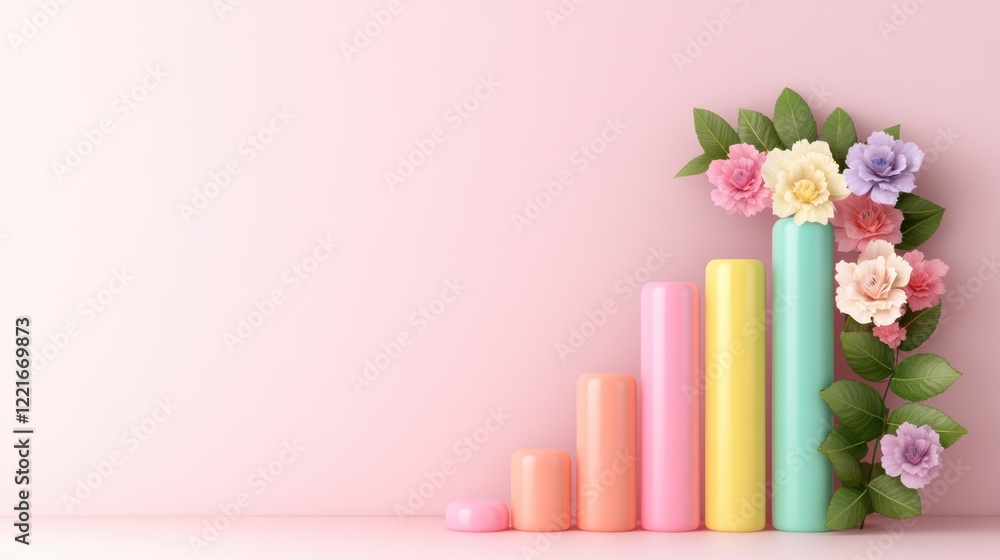 Obraz premium Colorful cylindrical growth chart with flowers against a pastel background