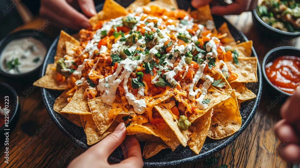 Close-up of loaded nachos with melted cheese, guacamole, and sour cream, shared among friends at a lively gathering.