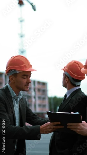 4k. UHD. Three customers: businessmen and architect sign document on text pad. They happy of a deal, smile and speaking. Orange helmets black suit and tie. Static middle shot with modern building