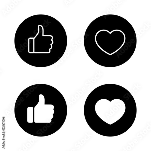 Like and love icon on black circle. Social media thumb up and heart sign symbol