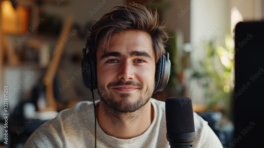 Man with headphones smiling at the camera, sitting at a desk with a microphone. Man with headphones smiling at the camera, sitting at a desk with a microphone.