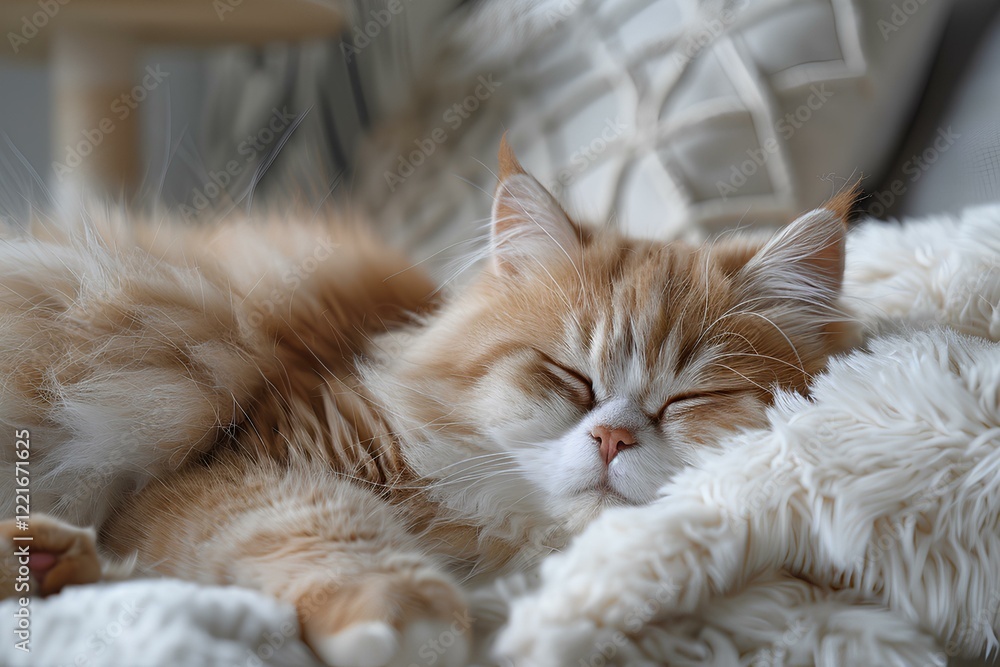 Obraz premium An orange and white cat sleeping on a white blanket