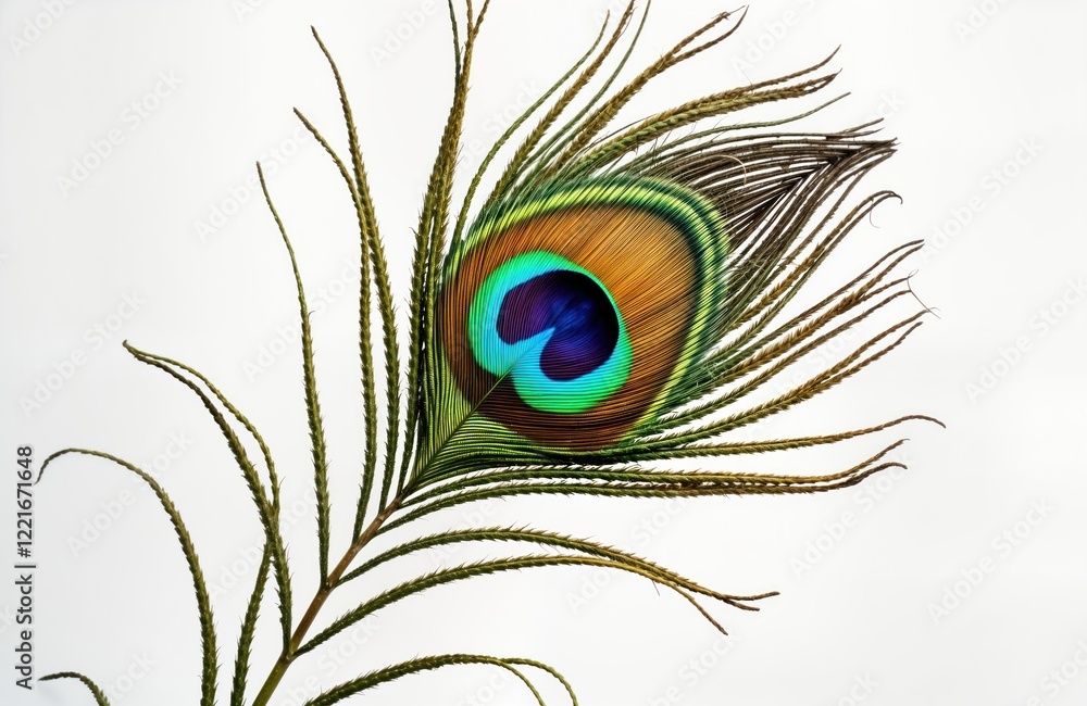 Obraz premium Close-up peacock feather. Vibrant colours. Detailed texture. Beautiful design. Isolated on transparent background. Perfect for decorative projects. Suitable for web design. Symbol of beauty,