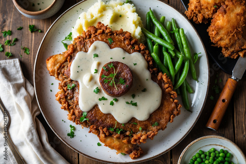 Classic Chicken Fried Steak with Creamy Gravy, Mashed Potatoes, and Green Beans – Rustic Farmhouse Flat-Lay photo